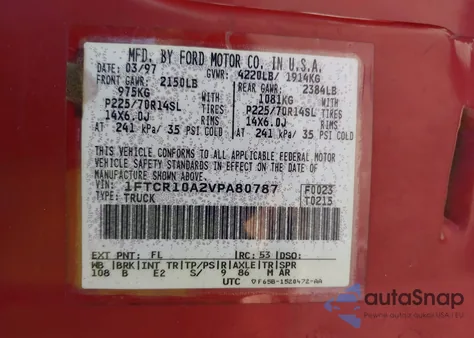 1997 Ford Ranger Splash/Xl/Xlt из США, поврежденный, VIN 1FTCR10A2VPA80787